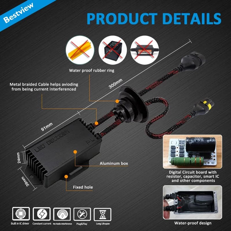 Best View 9005/9006/H10/HB4 LED Light Canbus Decoder Anti Flicker Harness, Resistor Decoders Error Free, LED Warning Canceller Resistor Adapter, Pack of 2 - Image 5